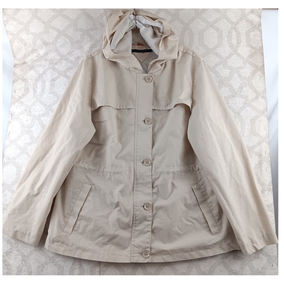 Tommy Hilfiger Beige Hooded Jacket Button Up Lined Lightweight Coat Womens Large - Picture 1 of 11